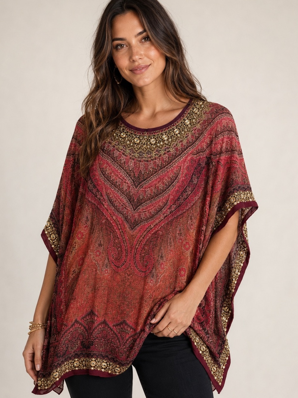 Nirraamyaa Embellished Paisley Kaftan Poncho Top Burgundy Boho
